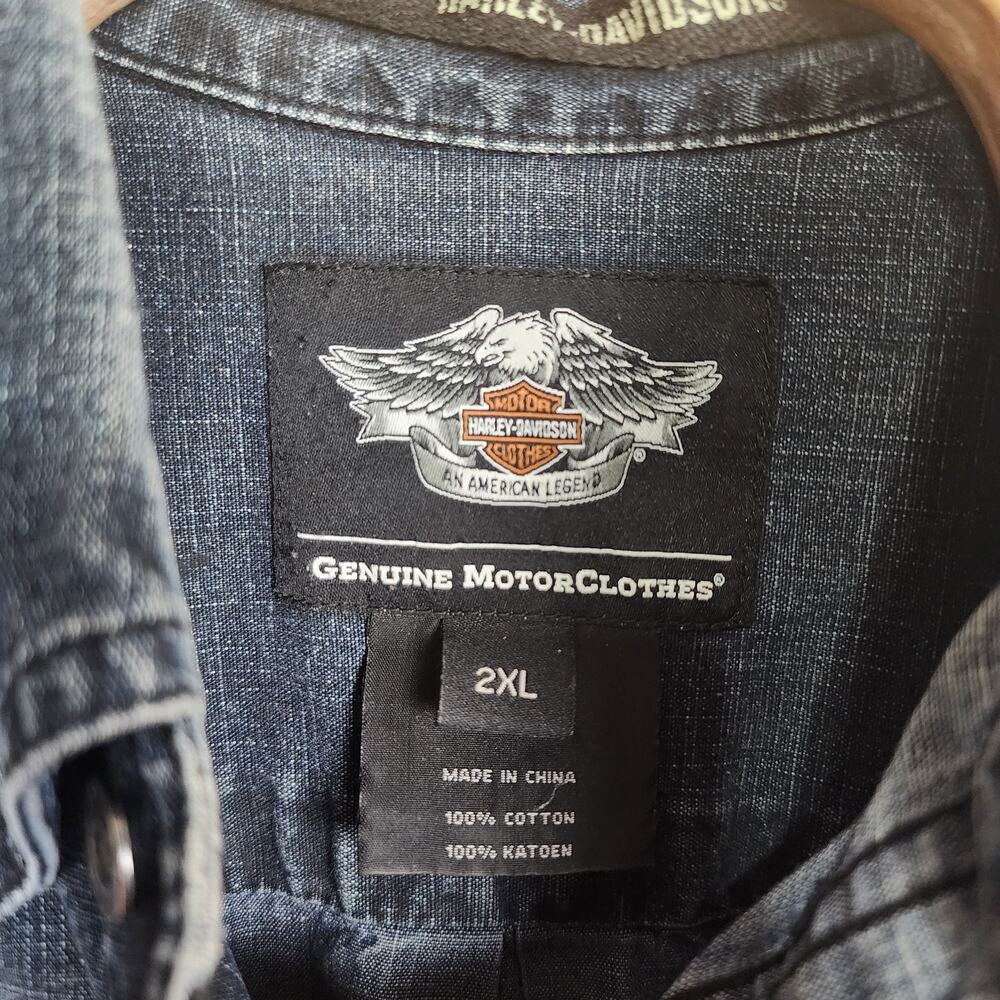 Men's Harley Davidson Button Up Short Sleeve Denim Patch Shirt 2XL - Picture 4 of 5
